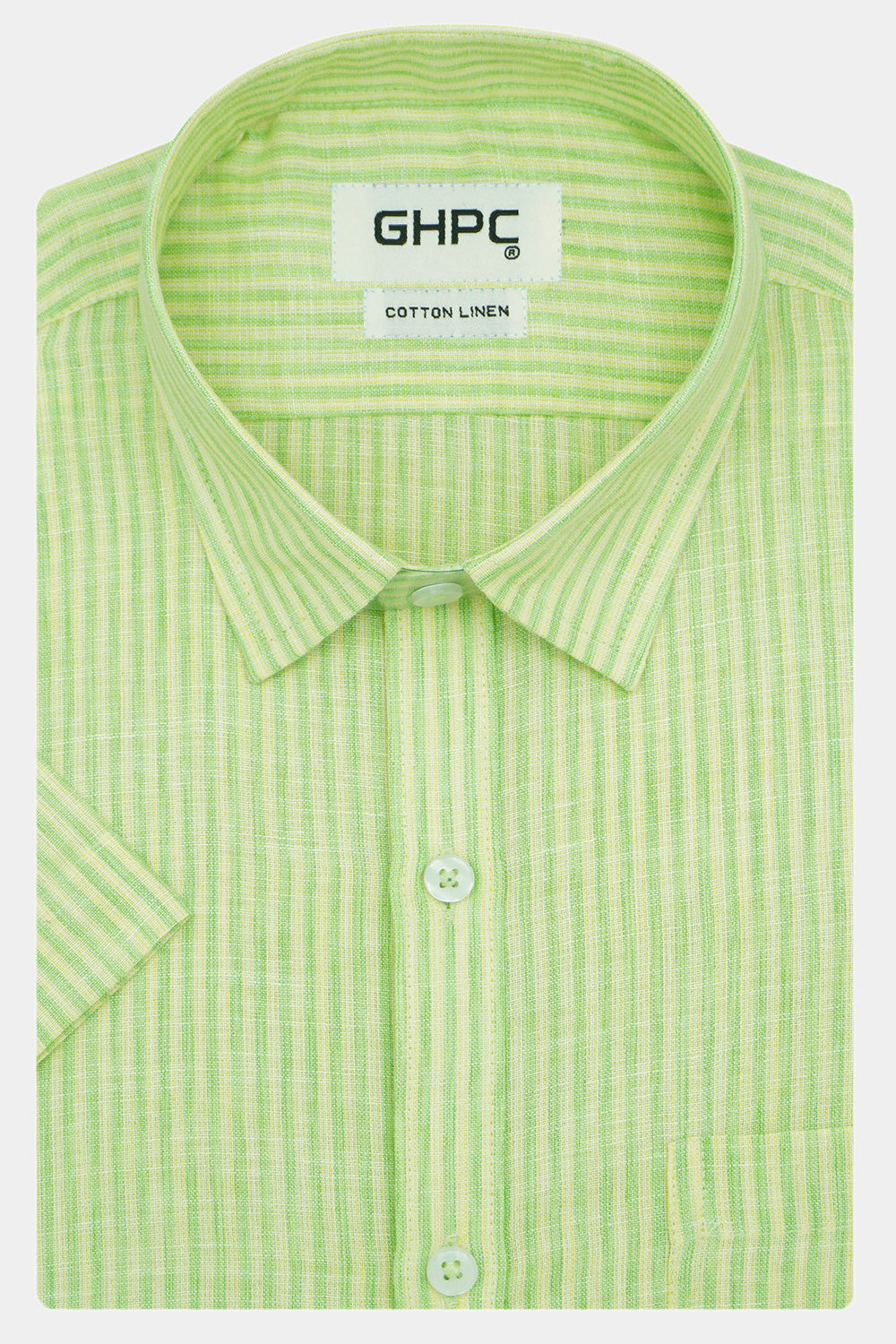 Men's Cotton Linen Striped Half Sleeves Shirt (Green)