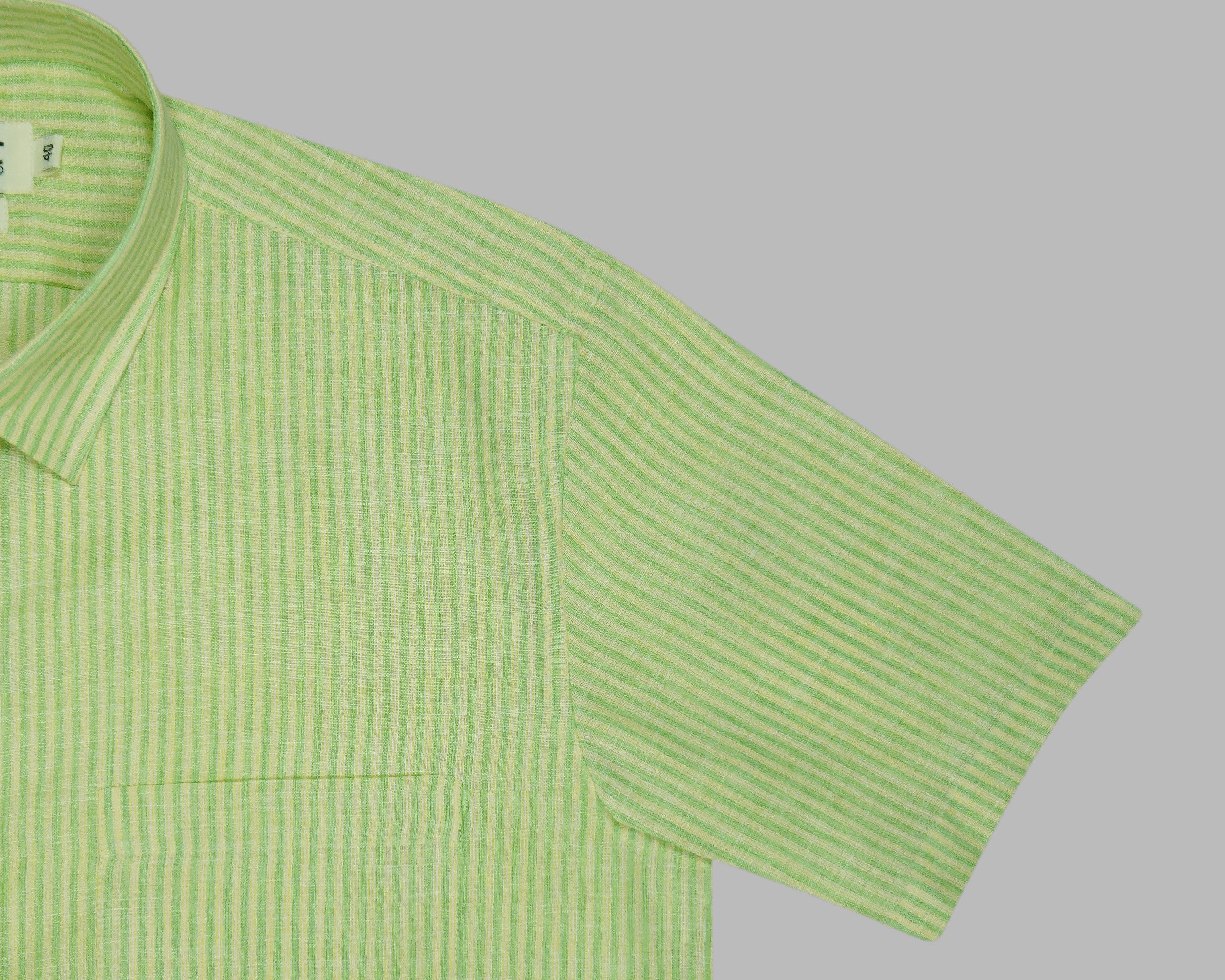 Men's Cotton Linen Striped Half Sleeves Shirt (Green)