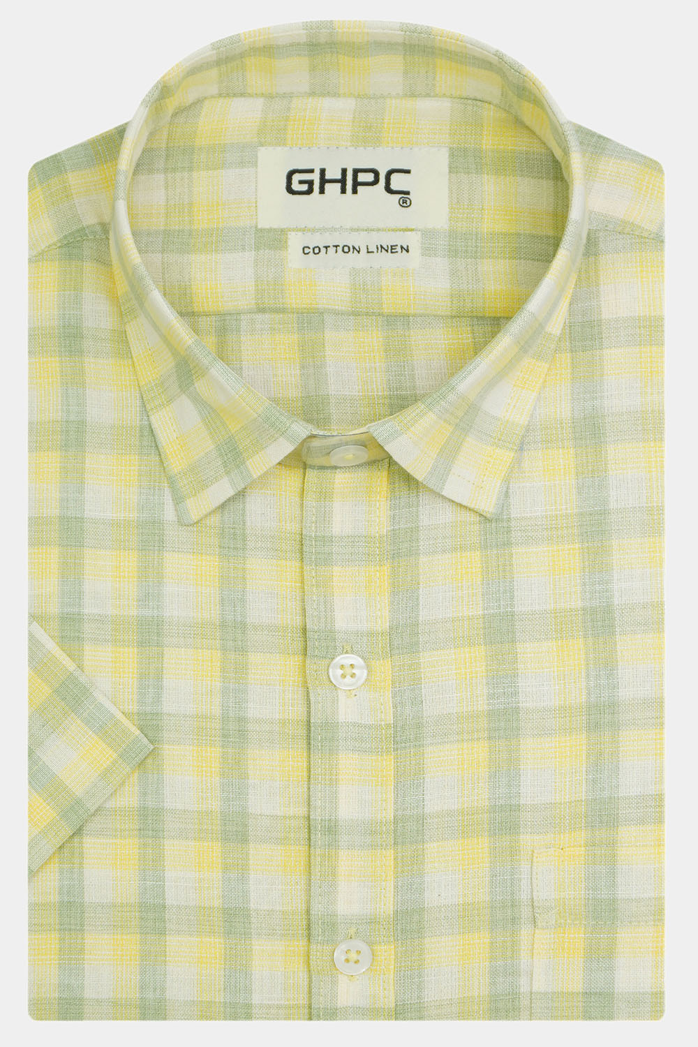 Men's Cotton Linen Checkered Half Sleeves Shirt (Yellow)