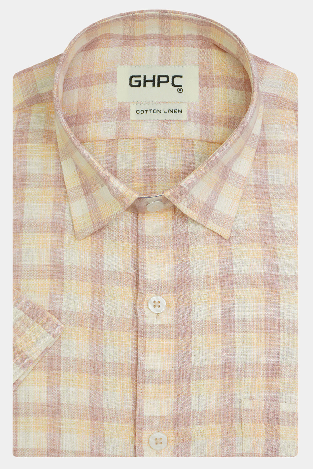Men's Cotton Linen Checkered Half Sleeves Shirt (Orange)