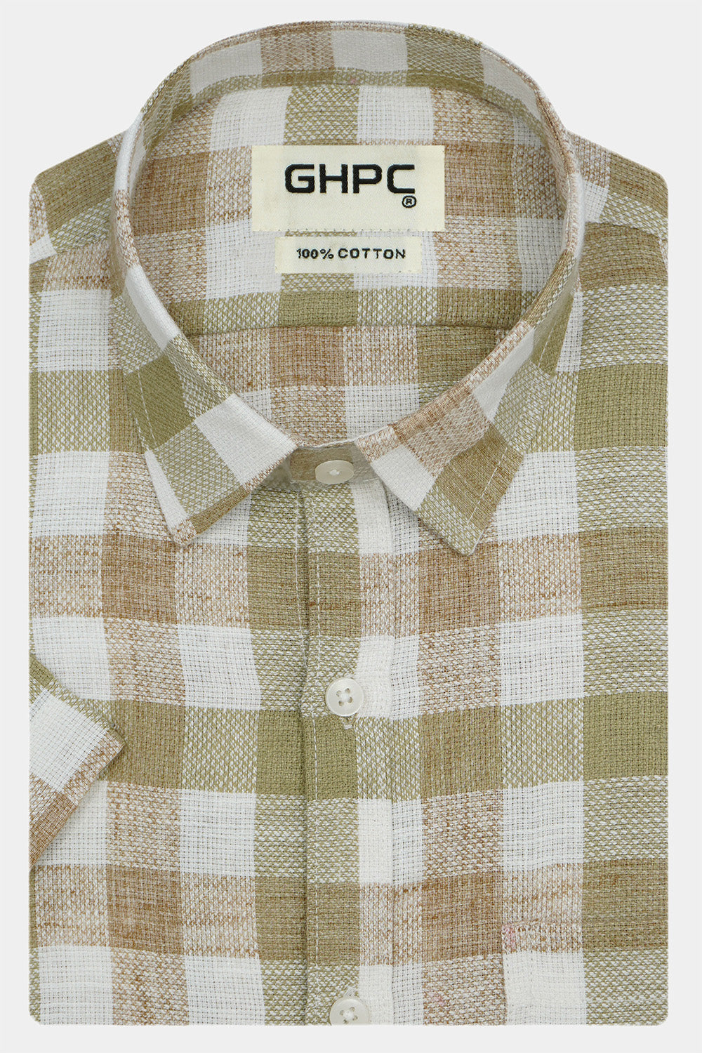 Men's 100% Cotton Checkered Half Sleeves Shirt (Khaki)