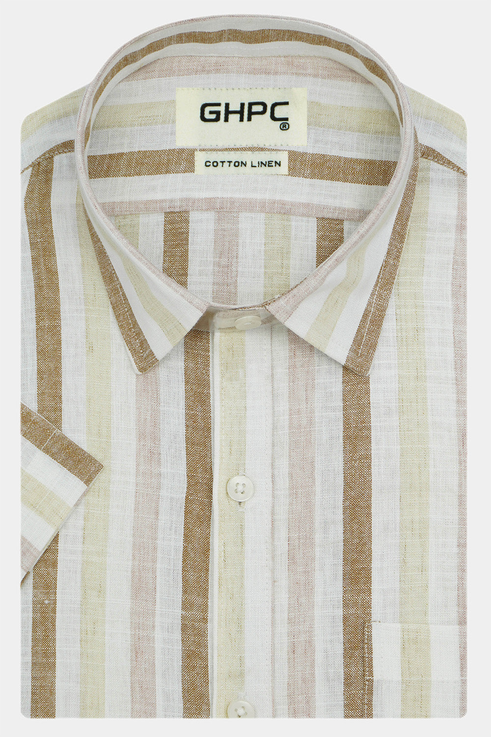 Men's Cotton Linen Striped Half Sleeves Shirt (Brown)