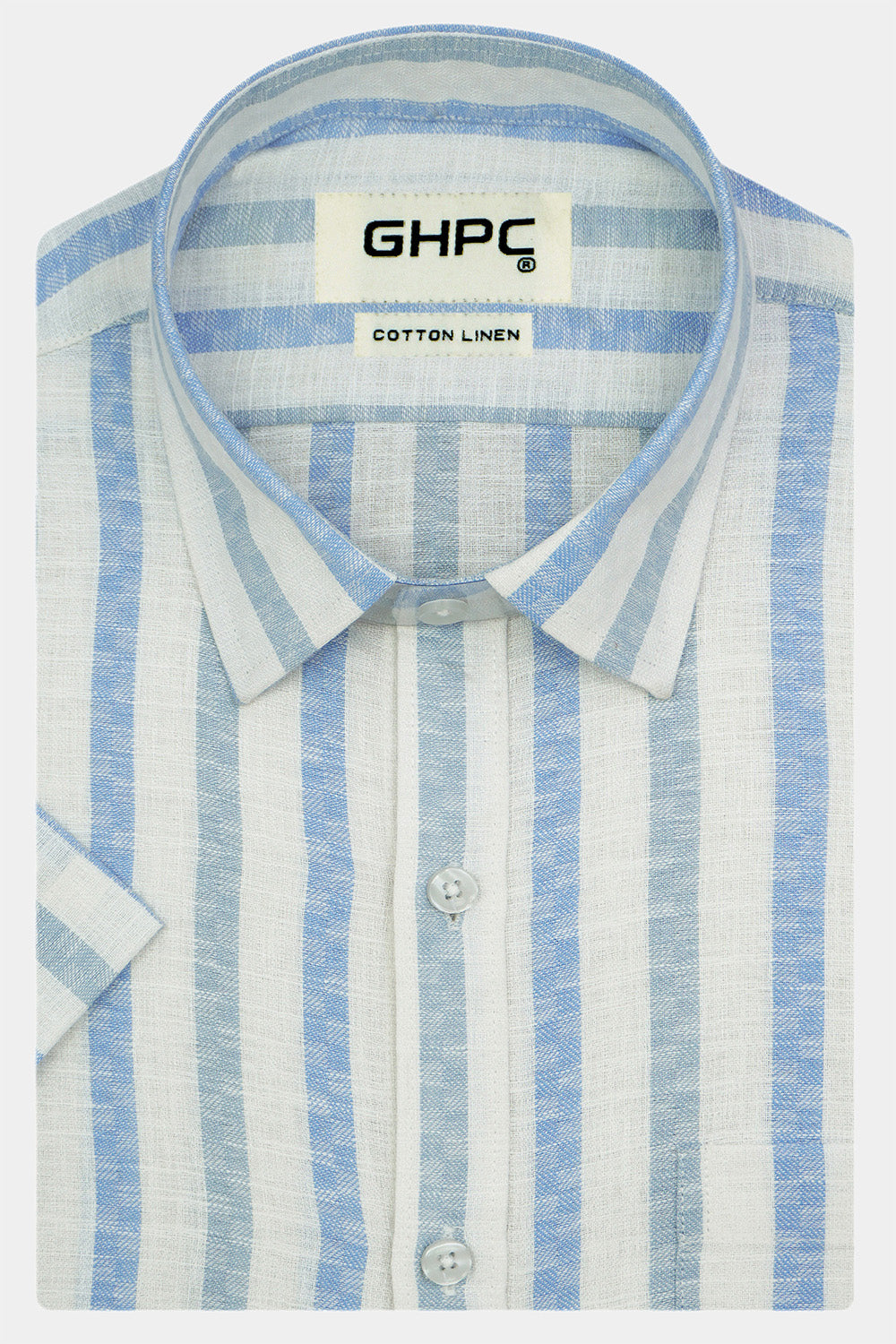 Men's Cotton Linen Striped Half Sleeves Shirt (Blue)