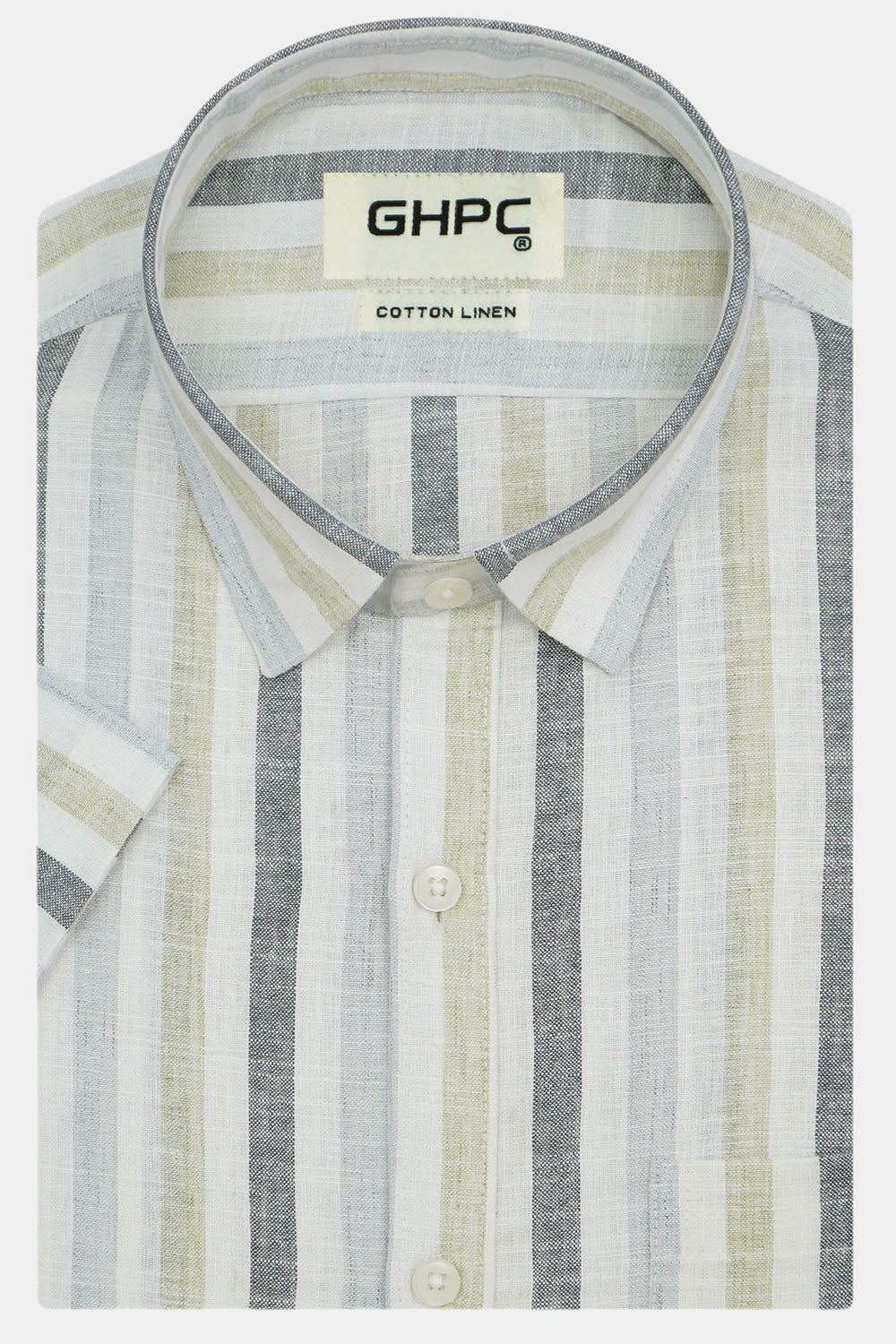 Men's Cotton Linen Striped Half Sleeves Shirt (Grey)