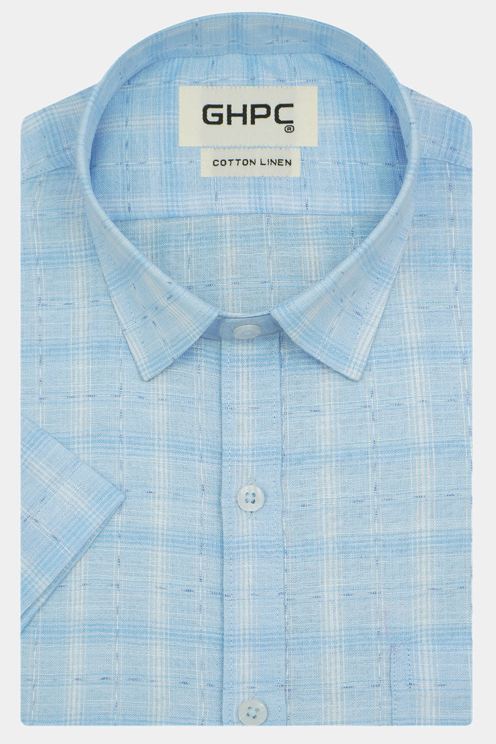 Men's Cotton Linen Checkered Half Sleeves Shirt (Blue)