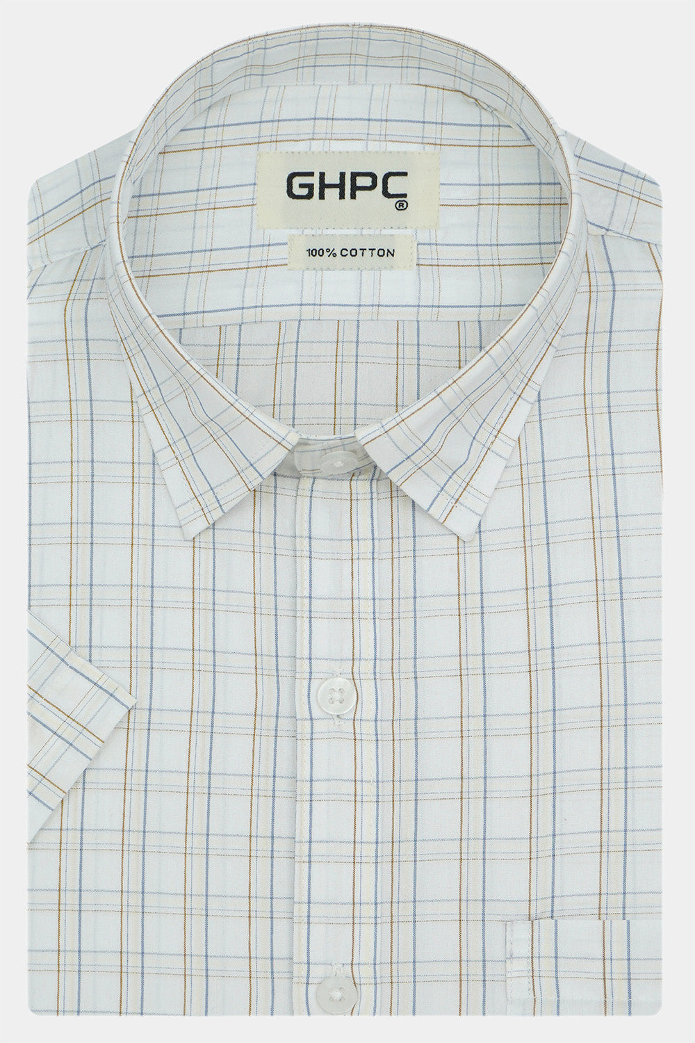 Men's 100% Cotton Checkered Half Sleeves Shirt (Cream (Off White))