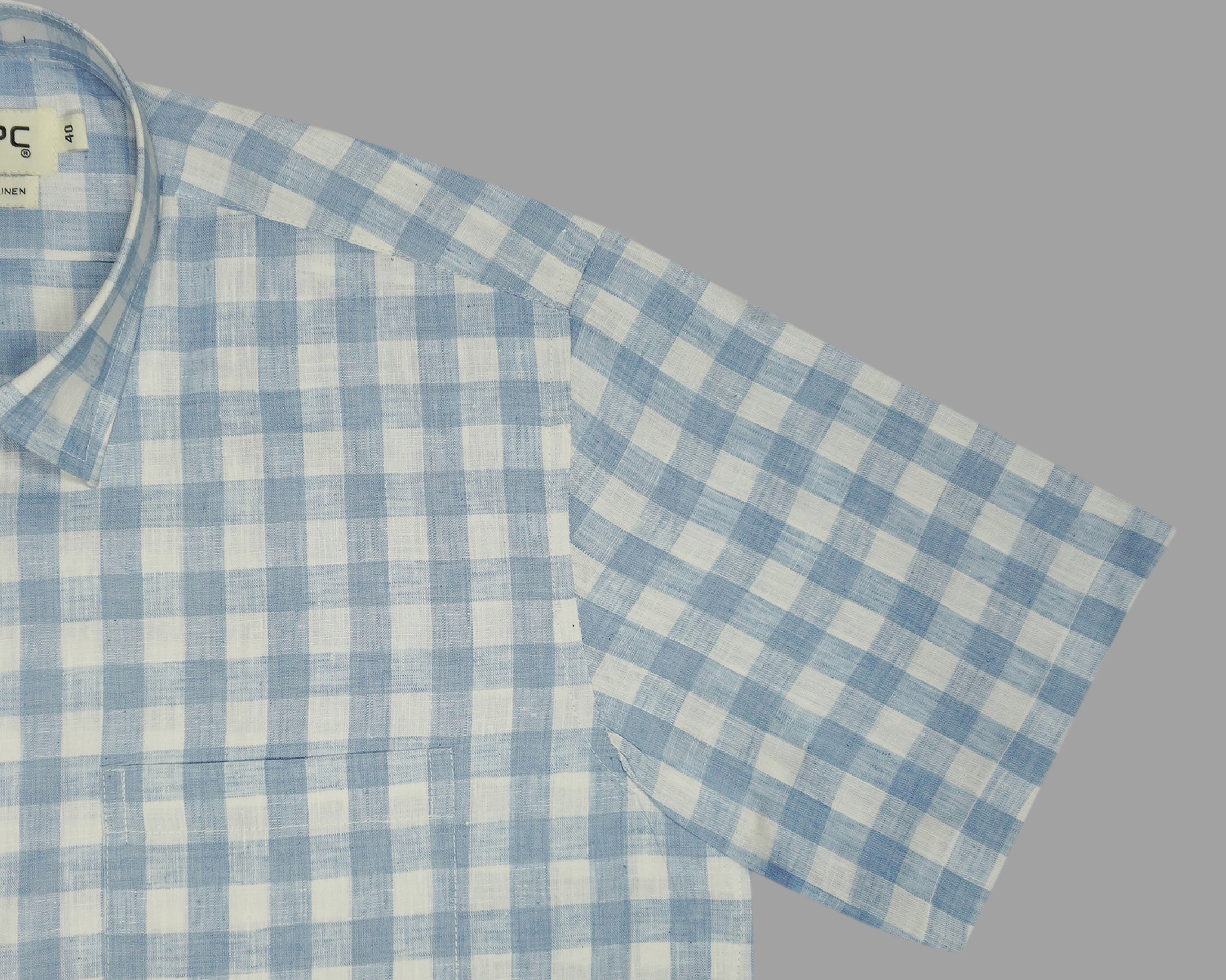 Men's Cotton Linen Checkered Half Sleeves Shirt (Blue)