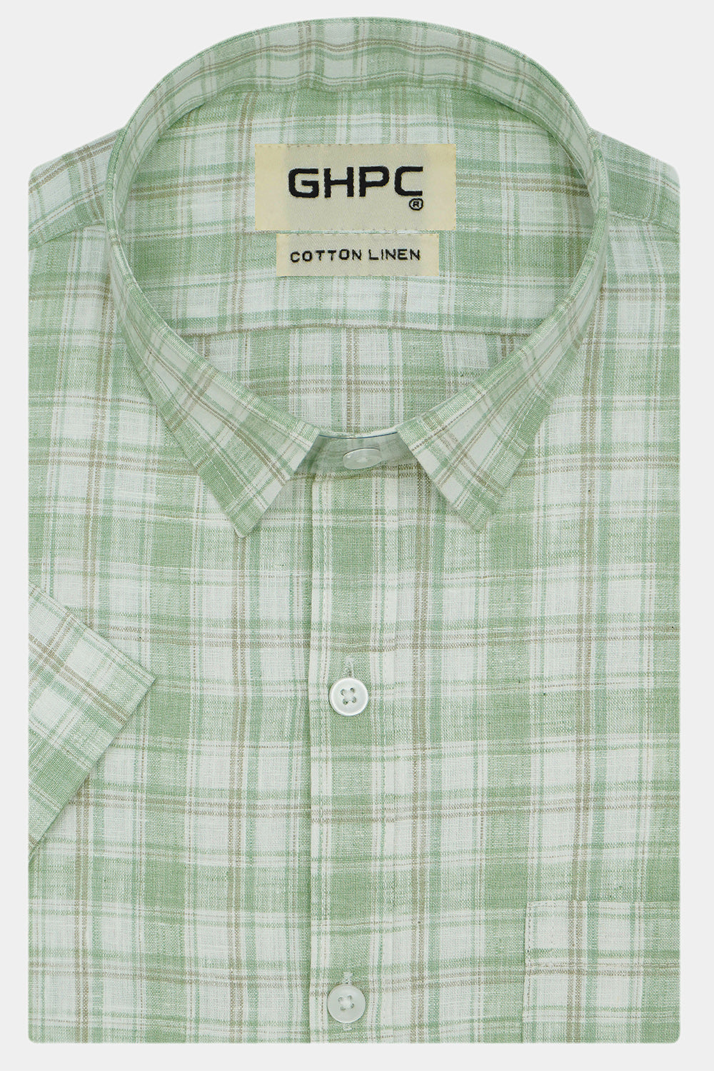 Men's Cotton Linen Checkered Half Sleeves Shirt (Green)