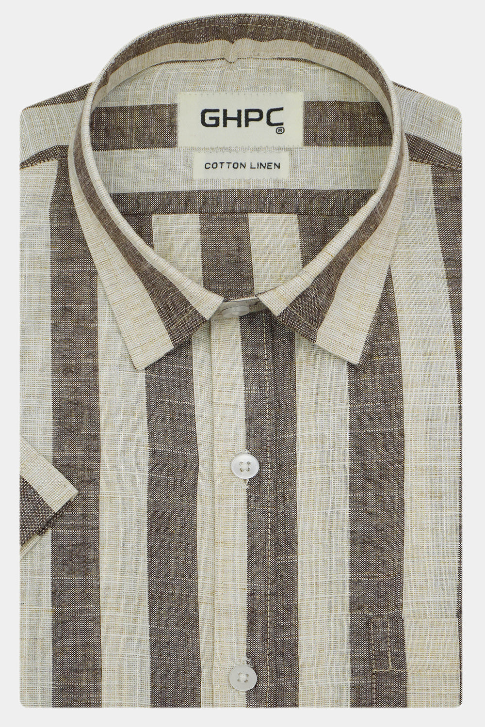Men's Cotton Linen Striped Half Sleeves Shirts (Khaki)