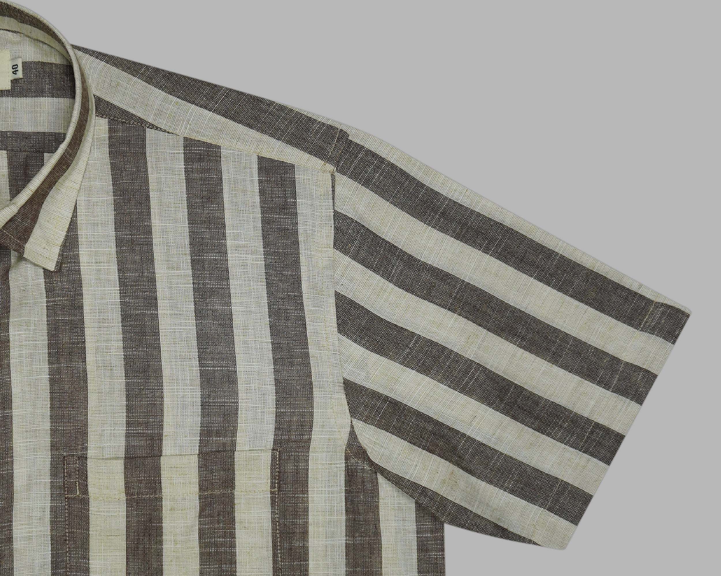Men's Cotton Linen Striped Half Sleeves Shirts (Khaki)