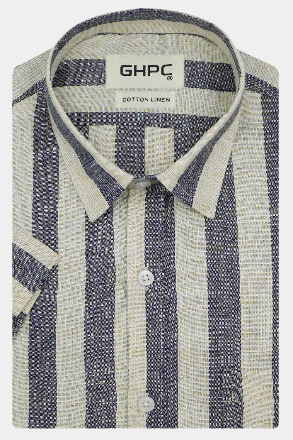 Men's Cotton Linen Striped Half Sleeves Shirts (Blue)
