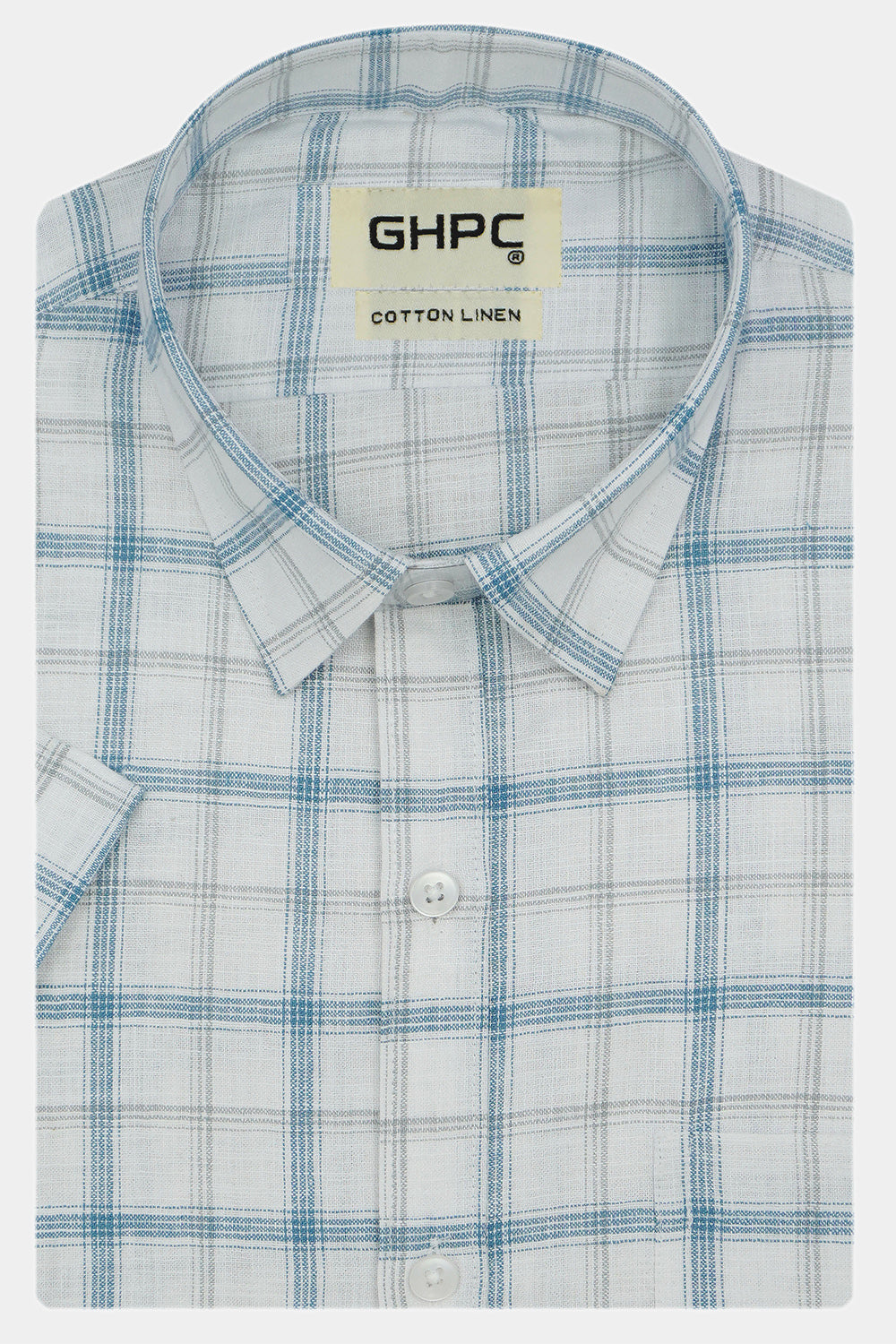 Men's Cotton Linen Checkered Half Sleeves Shirt (Blue)