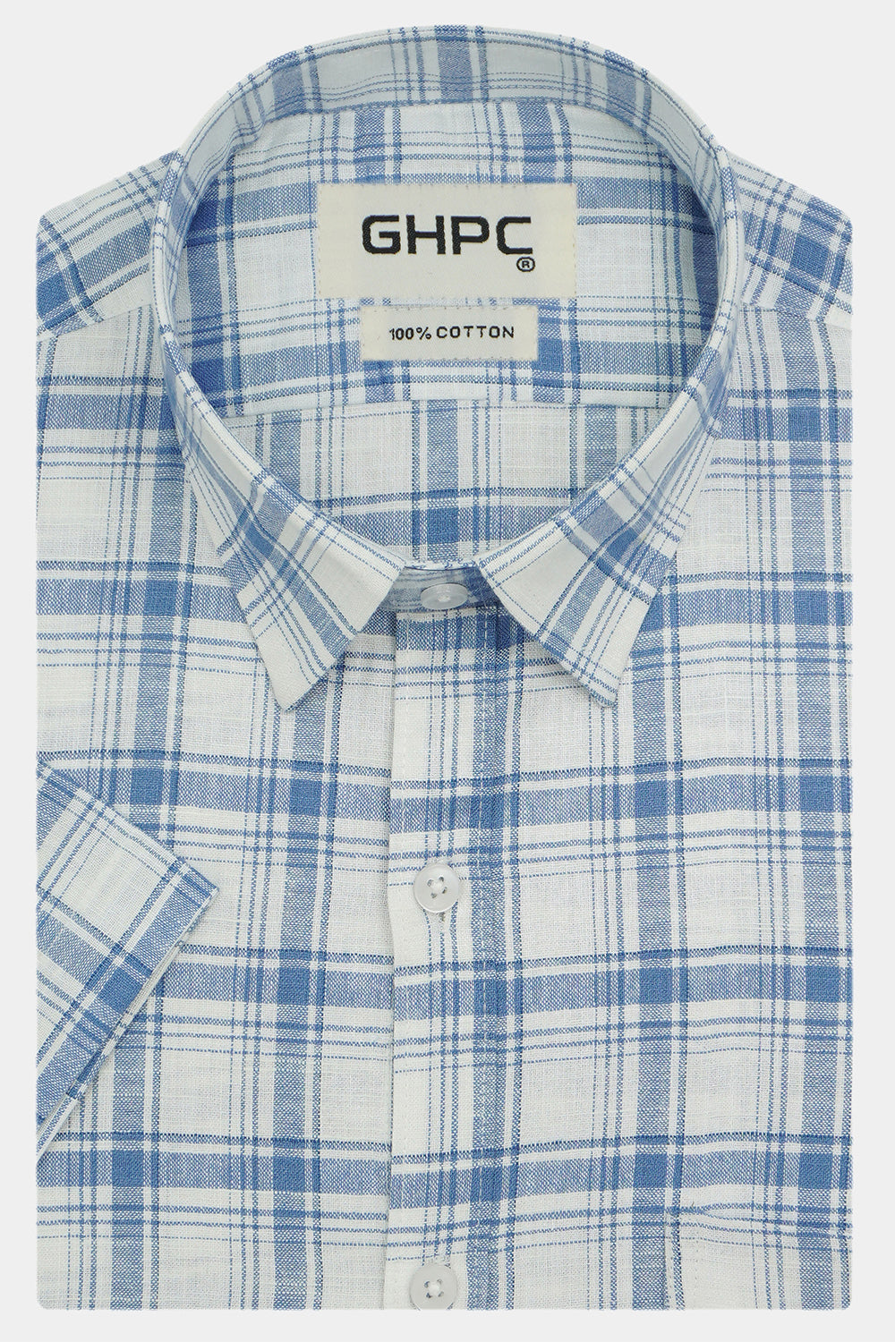 Men's Cotton Linen Checkered Half Sleeves Shirts (Blue)