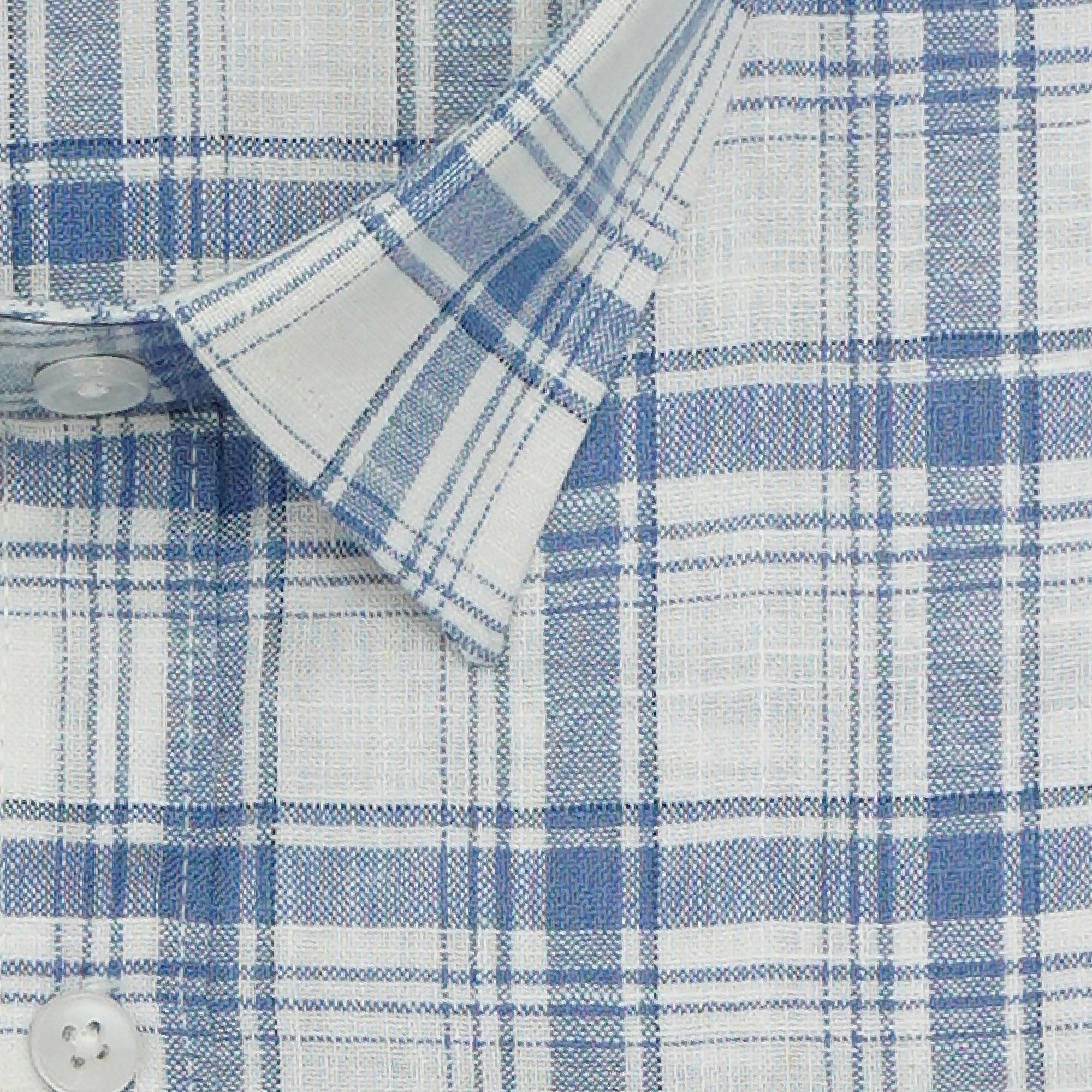 Men's Cotton Linen Checkered Half Sleeves Shirts (Blue)