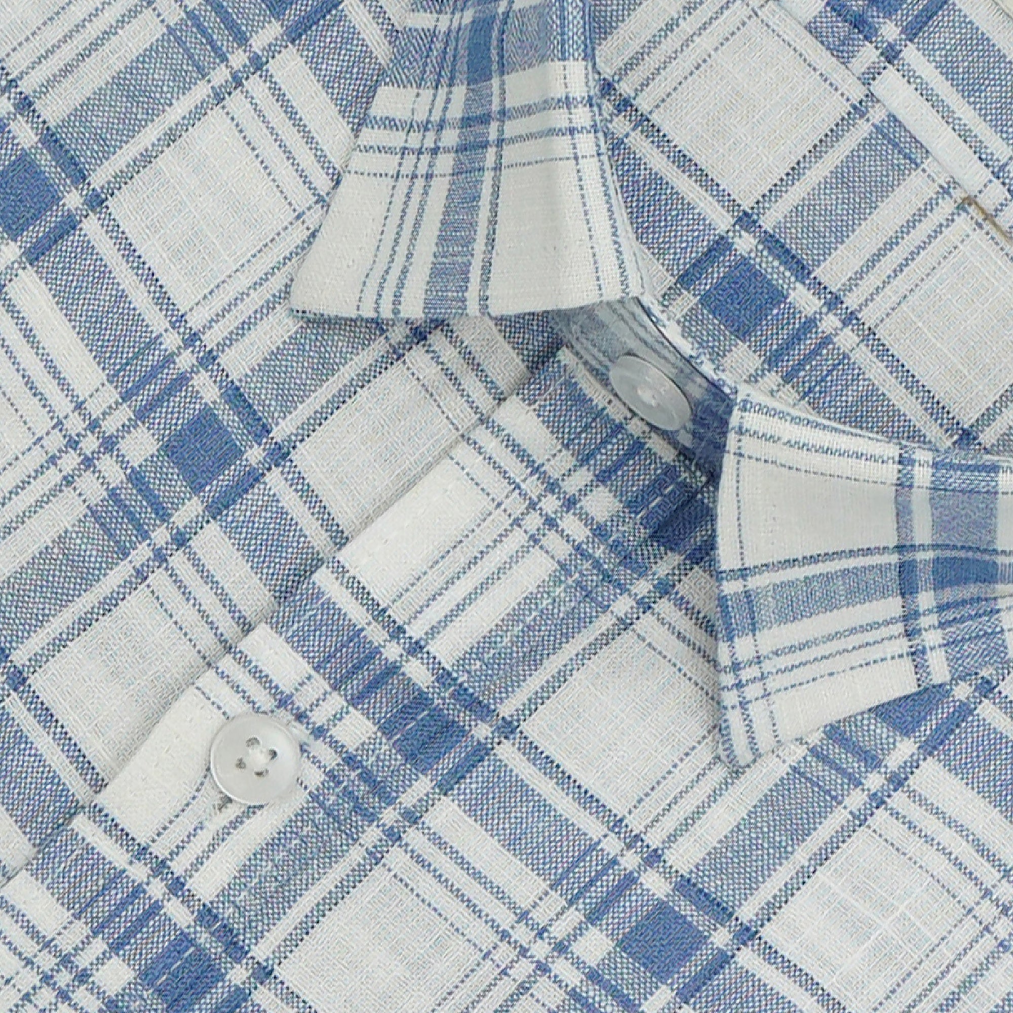 Men's Cotton Linen Checkered Half Sleeves Shirts (Blue)