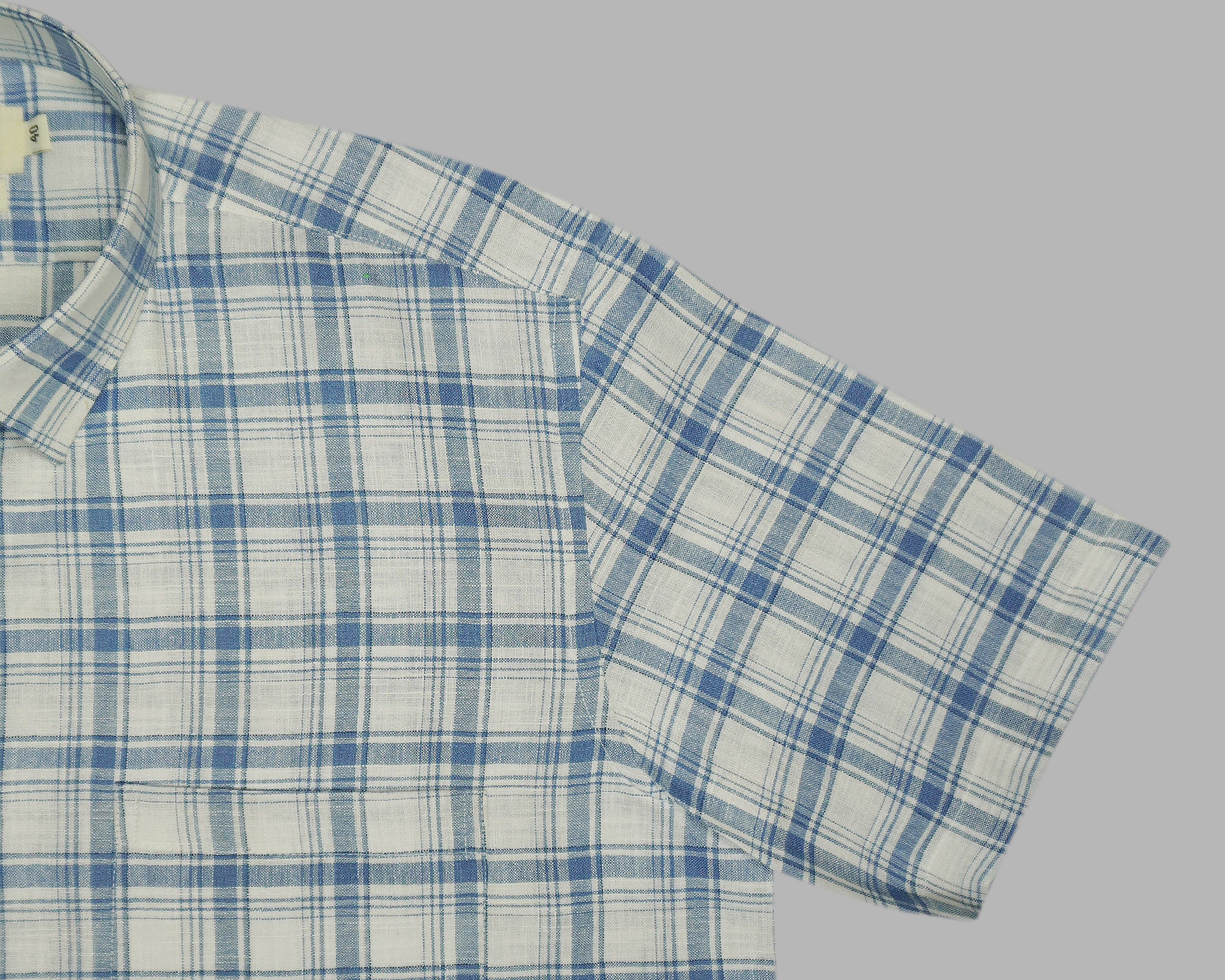 Men's Cotton Linen Checkered Half Sleeves Shirts (Blue)