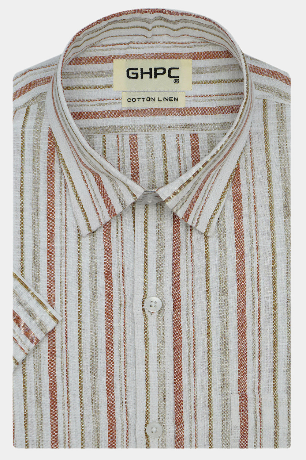 Men's Cotton Linen Striped Half Sleeves Shirt (Rust)