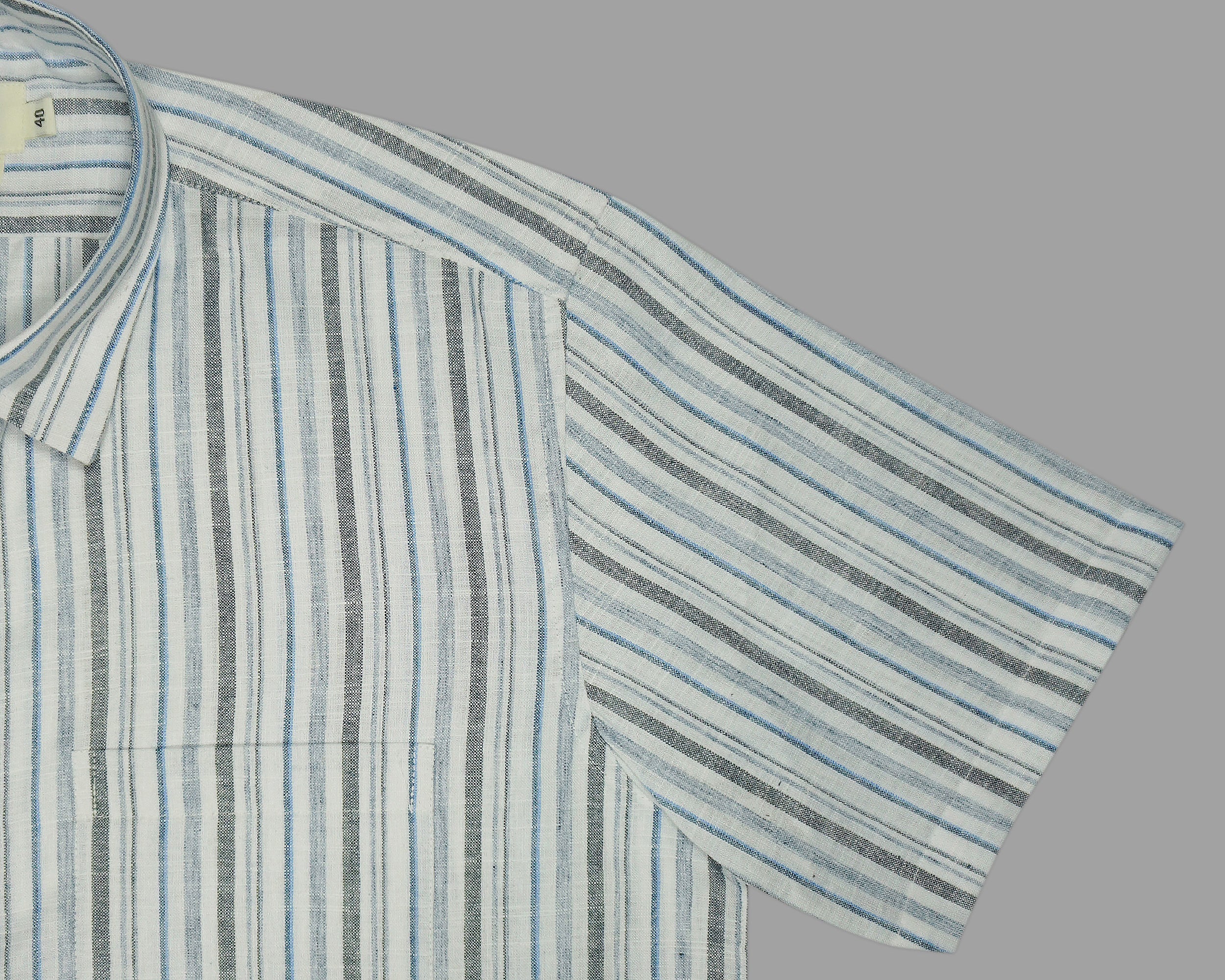Men's Cotton Linen Striped Half Sleeves Shirt (Blue)