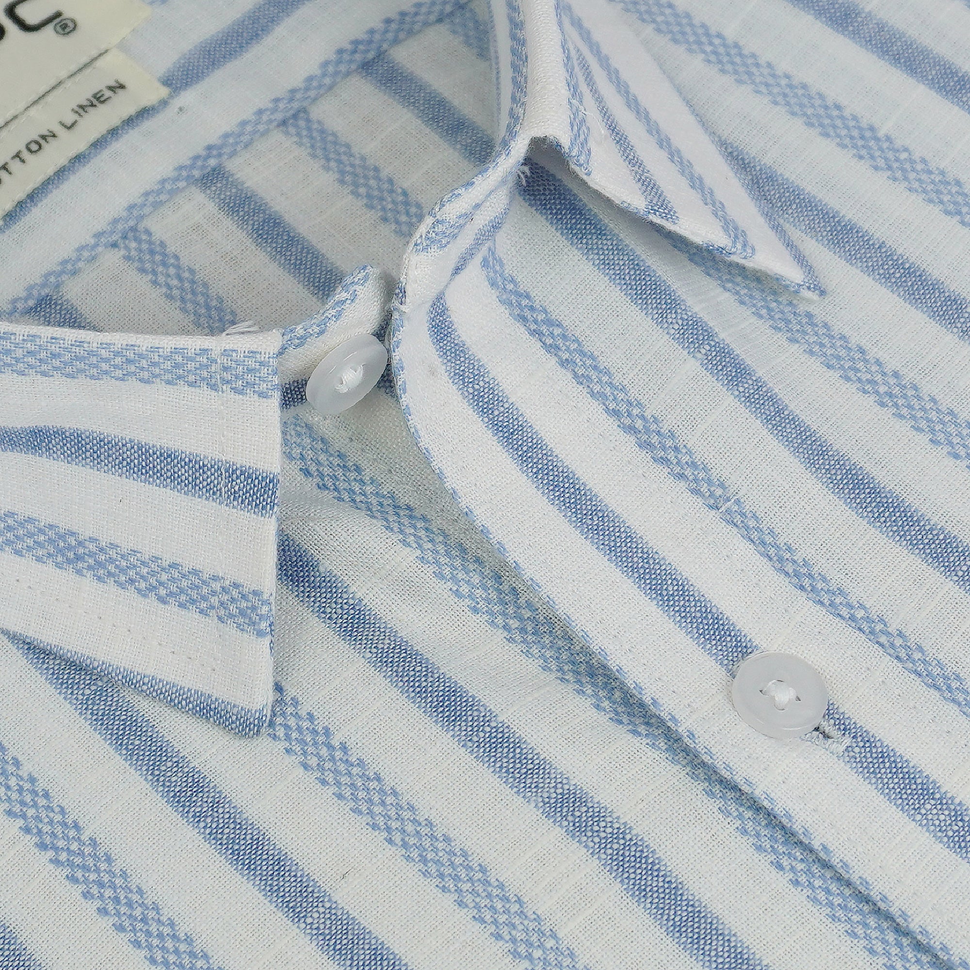 Men's Cotton Linen Striped Half Sleeves Shirt (Blue)