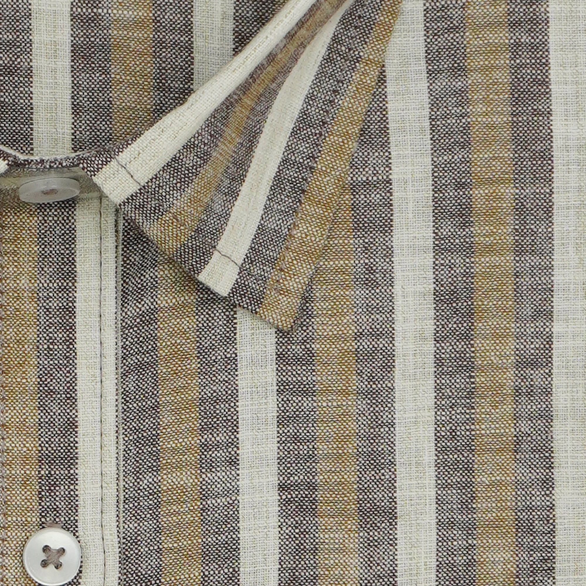 Men's Cotton Linen Striped Half Sleeves Shirt (Brown)