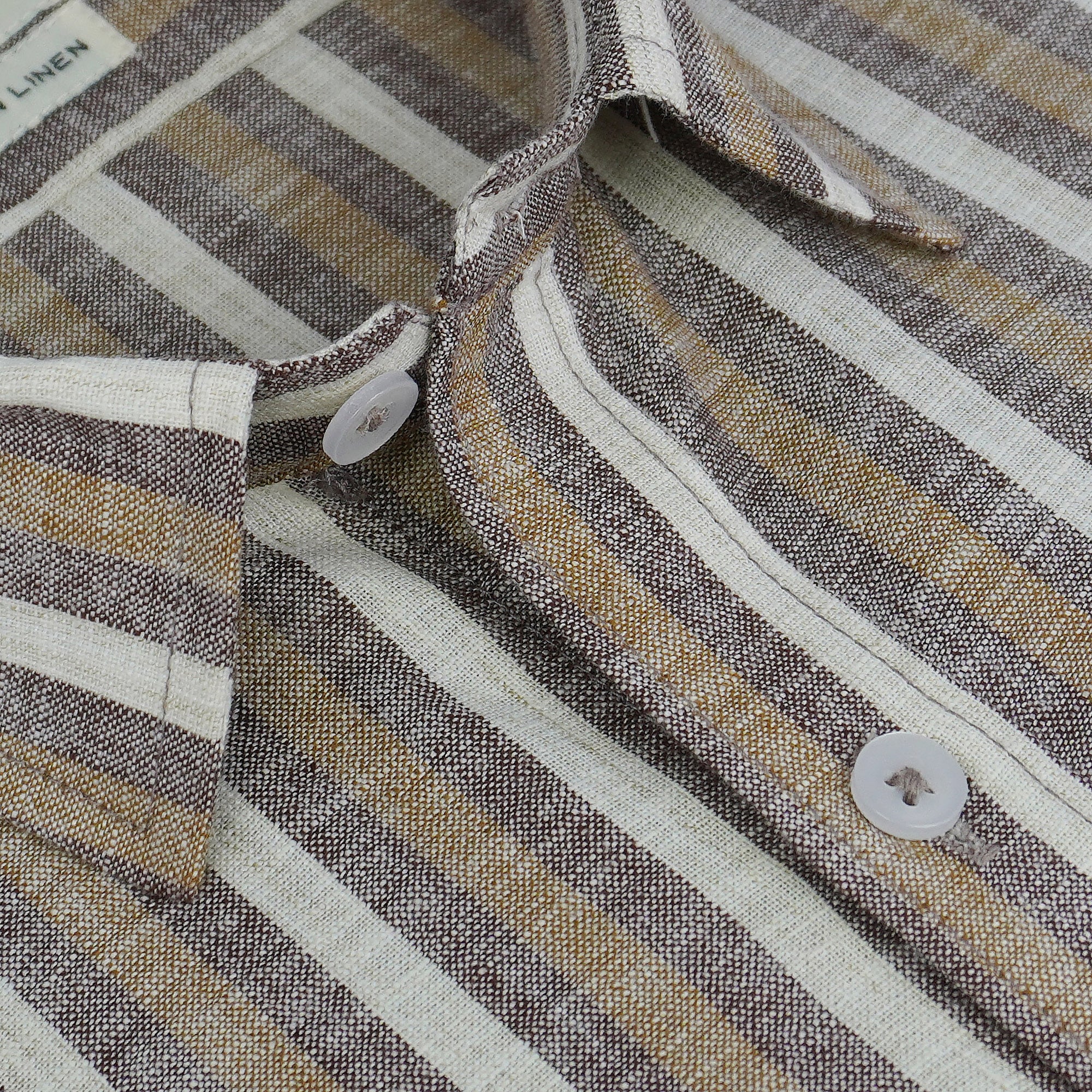 Men's Cotton Linen Striped Half Sleeves Shirt (Brown)