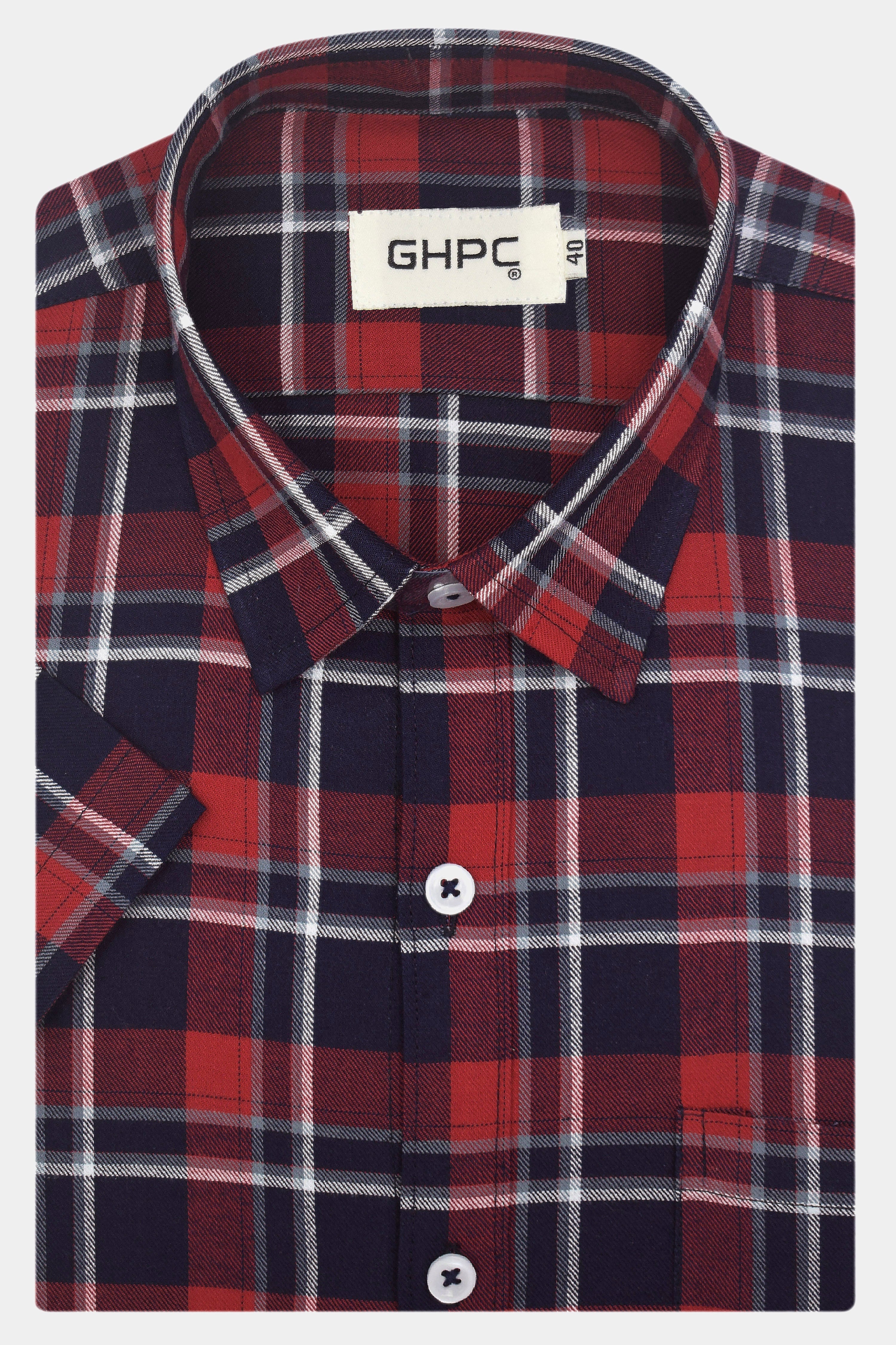 Men's 100% Cotton Windowpane Checkered Half Sleeves Shirt (Red)