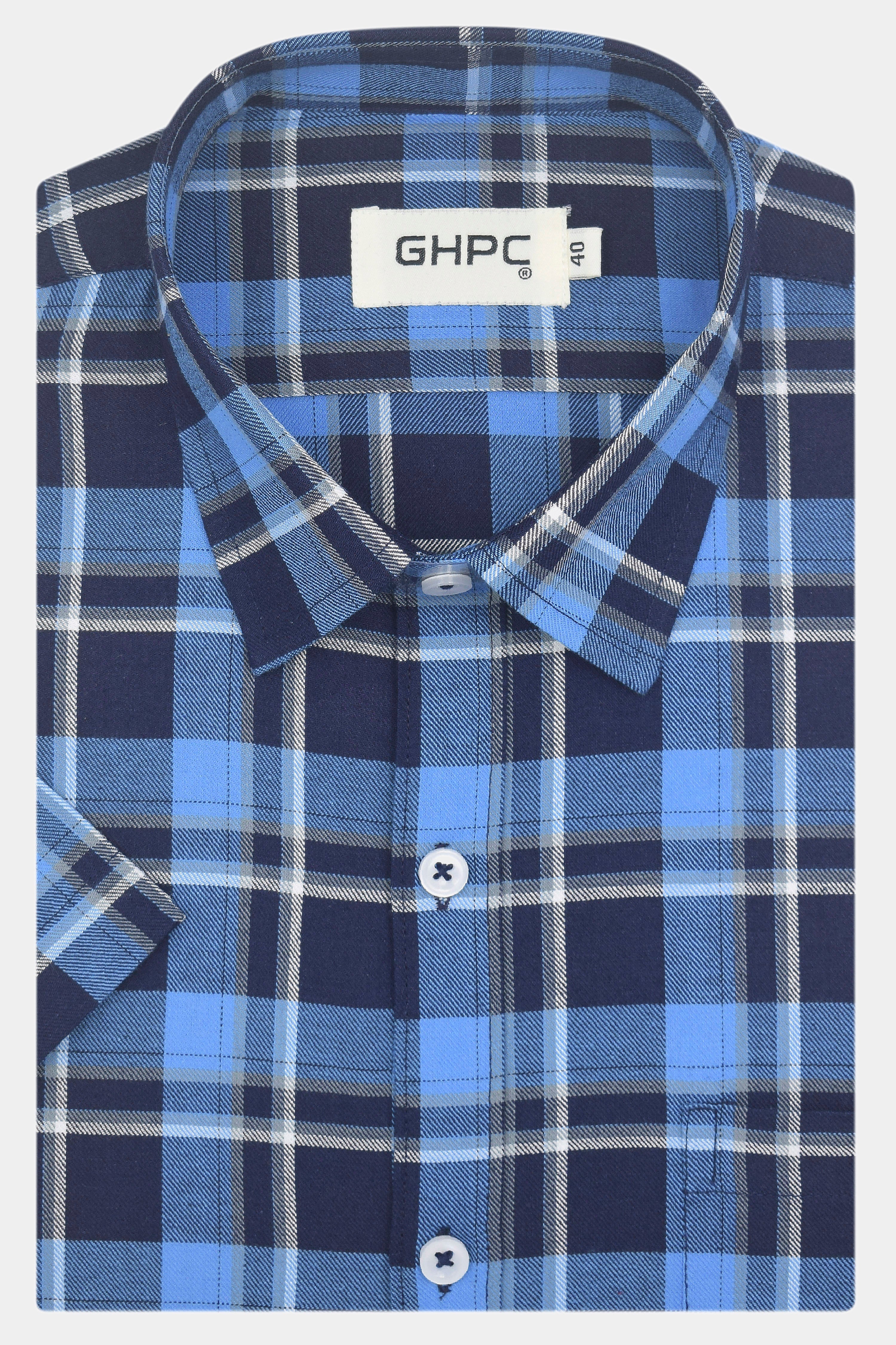 Men's 100% Cotton Windowpane Checkered Half Sleeves Shirt (Blue)