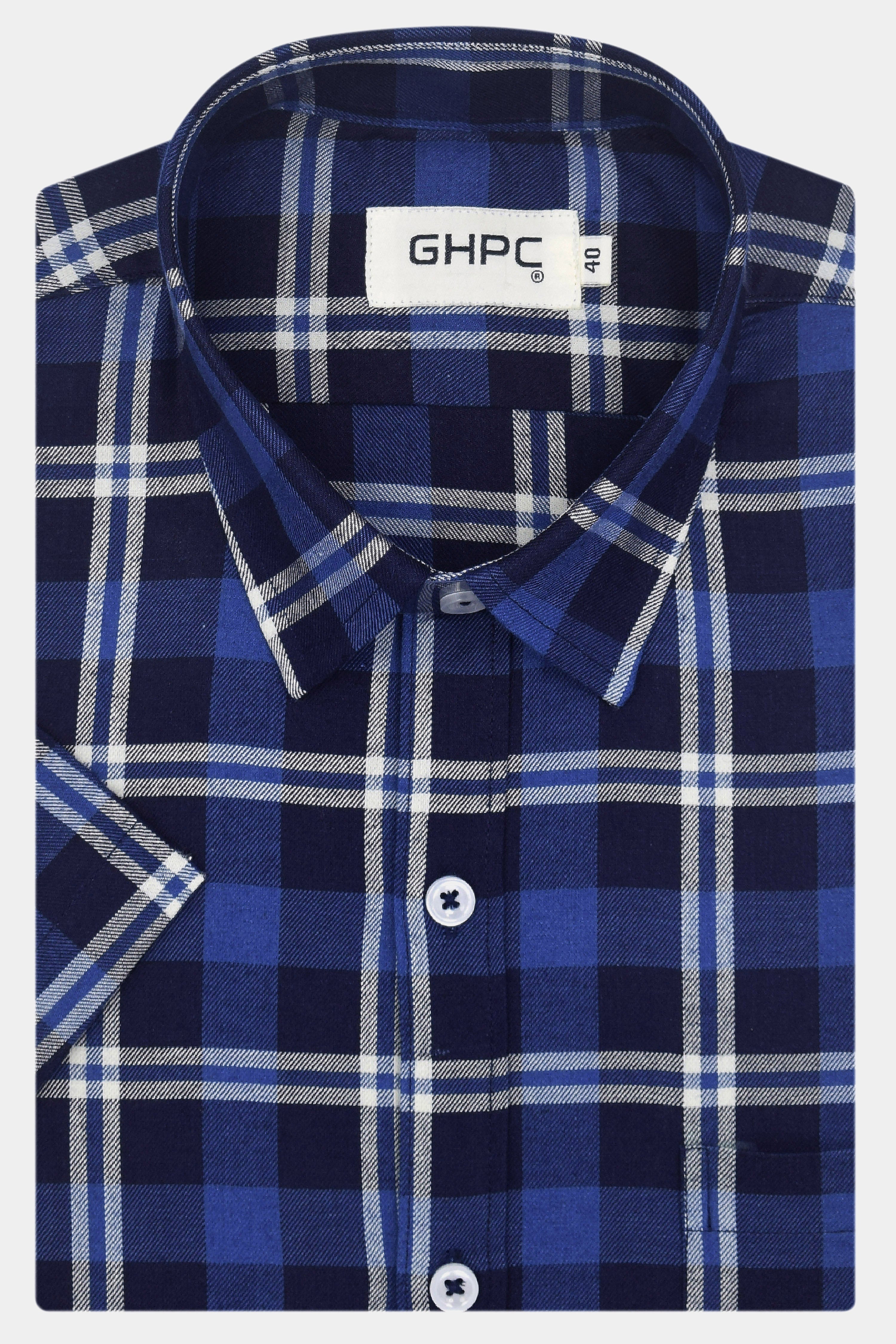 Men's 100% Cotton Grid Tattersall Checkered Half Sleeves Shirt (Navy)