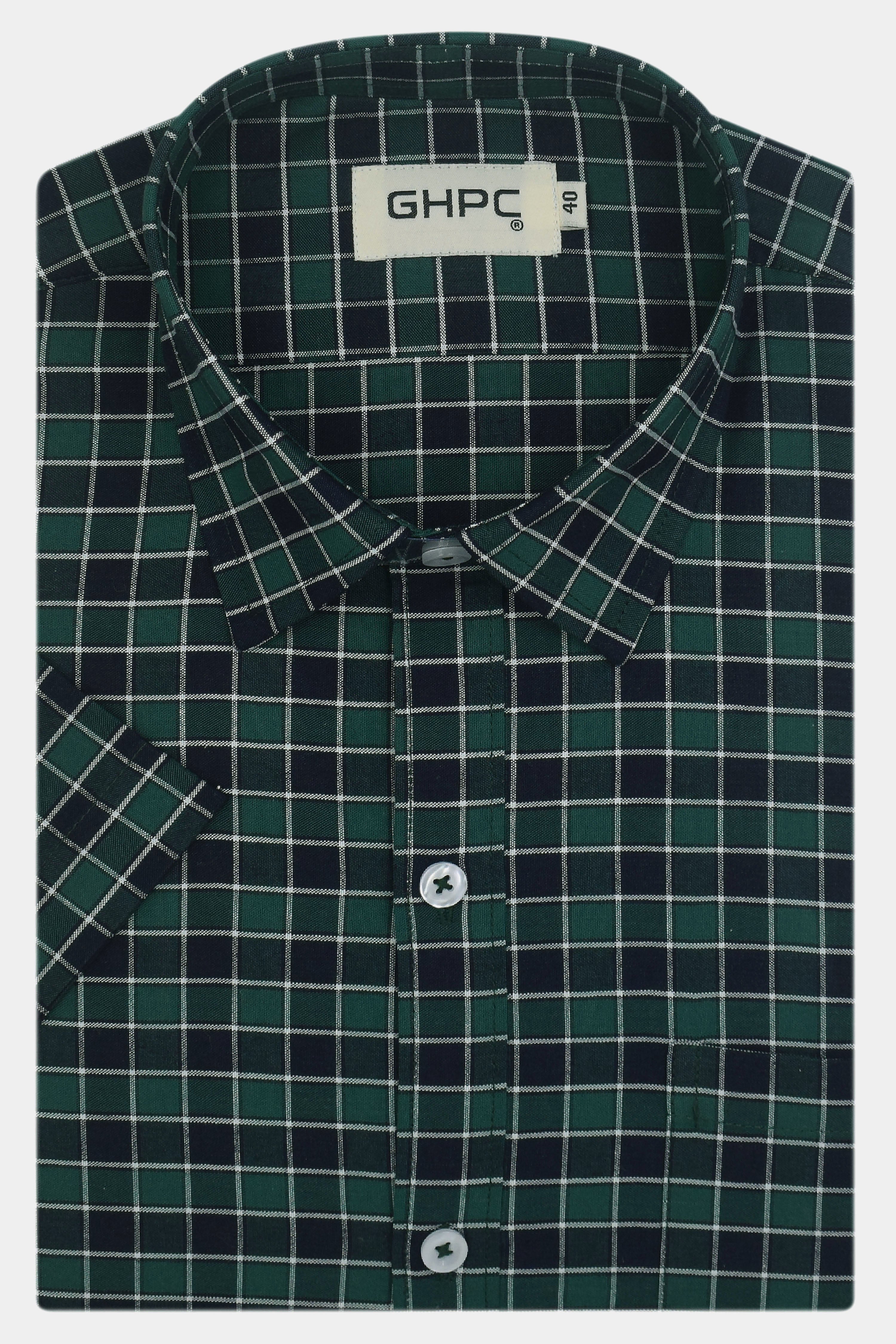 Men's 100% Cotton Gingham Checkered Half Sleeves Shirt (Green)