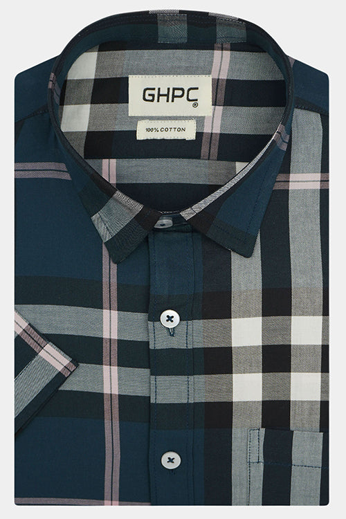 Men's 100% Cotton Grid Tattersall Checks Half Sleeves Shirt (Teal) FSH509748_1