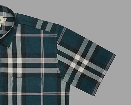 Men's 100% Cotton Grid Tattersall Checks Half Sleeves Shirt (Teal) FSH509748_5