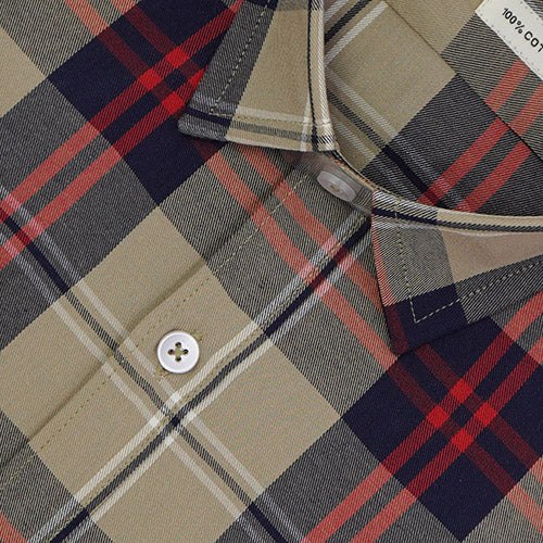 Men's 100% Cotton Plaid Checks Half Sleeves Shirt (Khaki) FSH510617_3