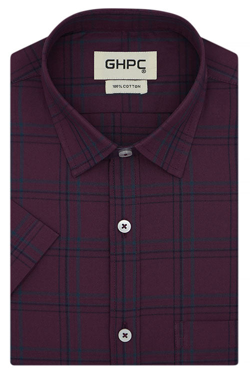 Men's 100% Cotton Windowpane Checkered Half Sleeves Shirt (Wine) FSH511837_1