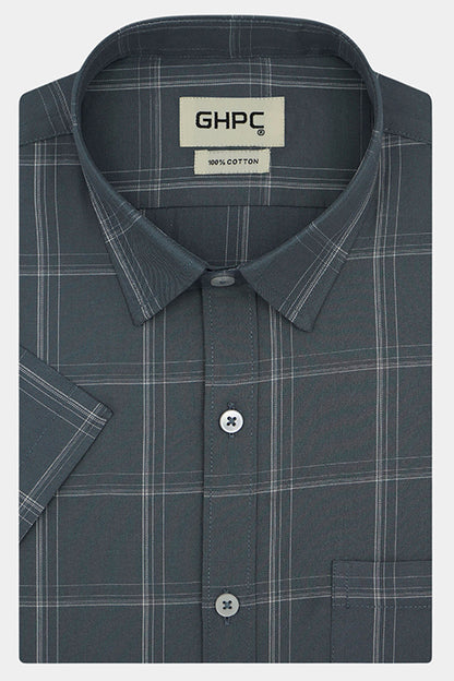 Men's 100% Cotton Windowpane Checkered Half Sleeves Shirt (Grey) FSH512150_1