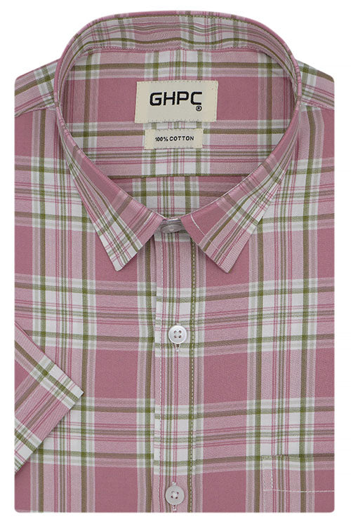 Men's 100% Cotton Plaid Checkered Half Sleeves Shirt (Pink) FSH512211_1