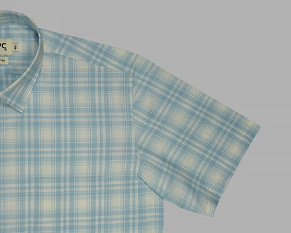 Men's 100% Cotton Plaid Checkered Half Sleeves Shirt (Blue) FSH512447_5