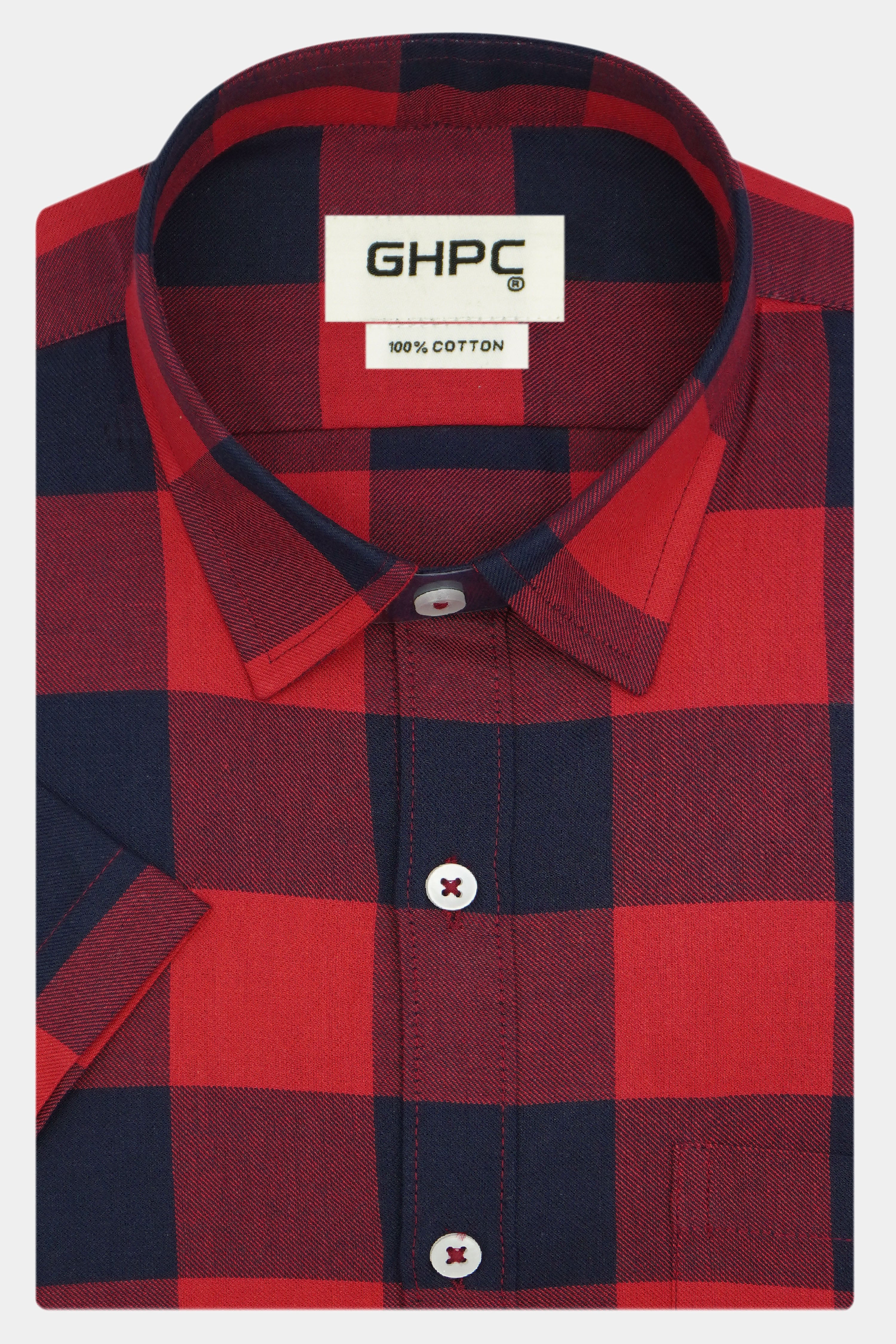 Men's 100% Cotton Big / Buffalo Checkered Half Sleeves Shirt (Red)