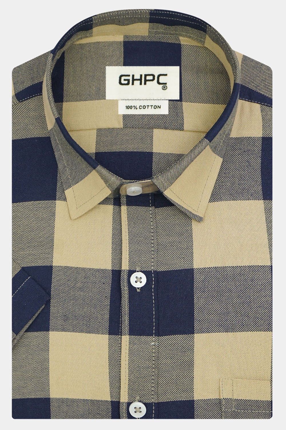 Men's 100% Cotton Checkered Half Sleeves Shirt (Khaki)