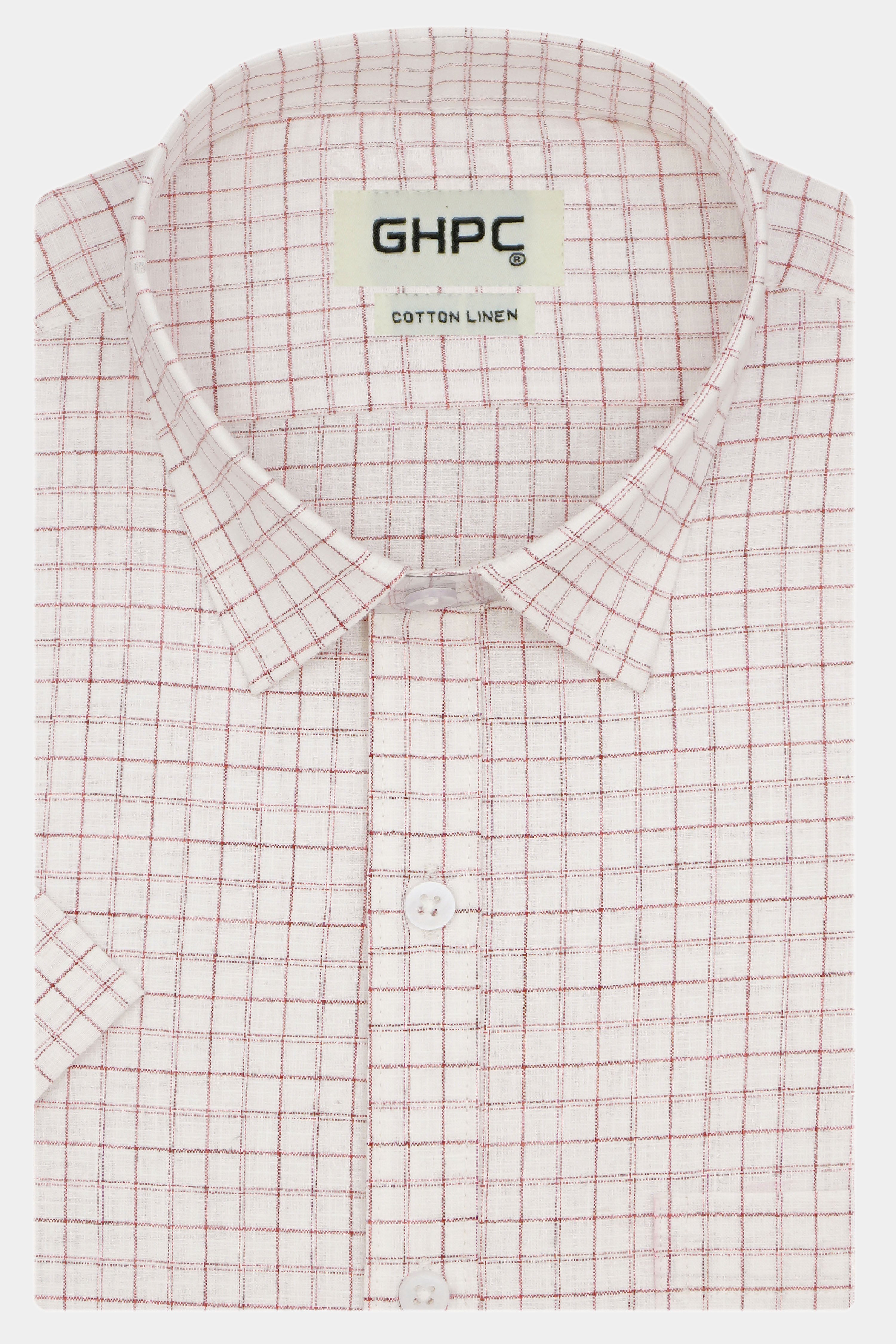 Men's Cotton Linen Checkered Half Sleeves Shirt (Red)