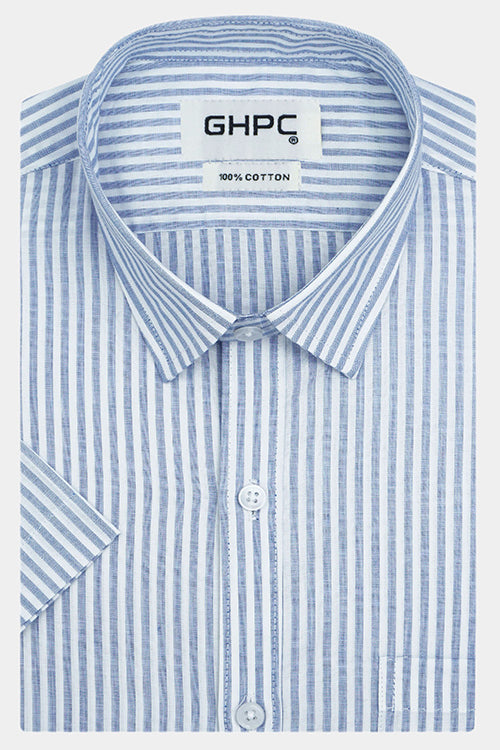 Men's 100% Cotton Candy Striped Half Sleeves Shirt (Blue)