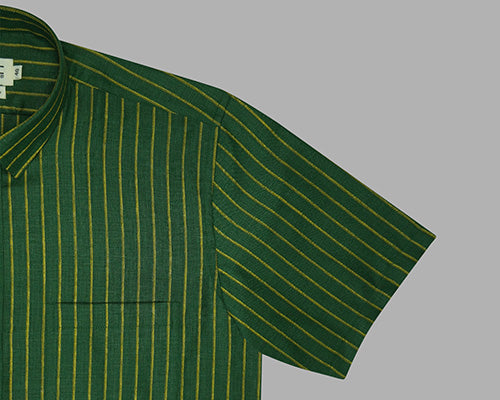 Men's Cotton Linen Chalk Striped Half Sleeves Shirt (Bottle Green)