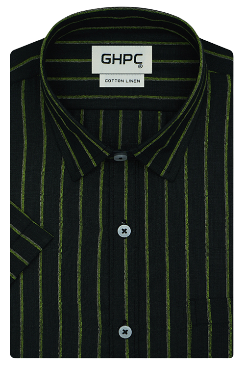 Men's Cotton Linen Chalk Striped Half Sleeves Shirt (Black)