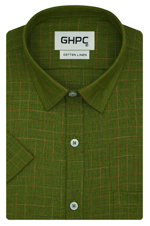 Men's Cotton Linen Graph Checkered Half Sleeves Shirt (Green)