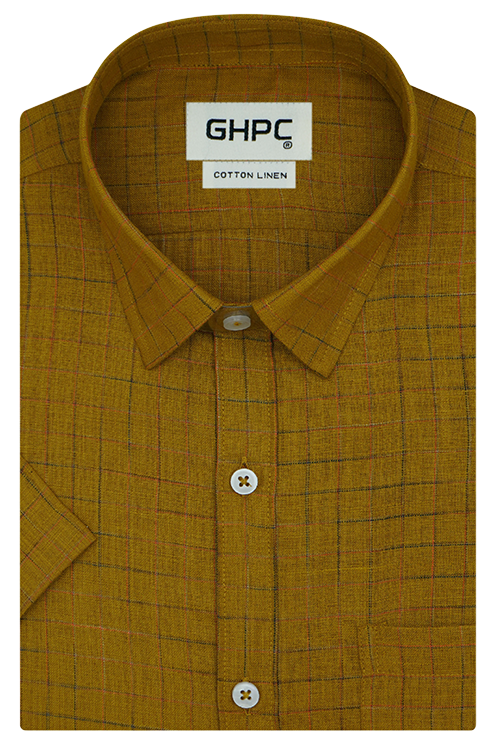 Men's Cotton Linen Graph Checkered Half Sleeves Shirt (Mustard)