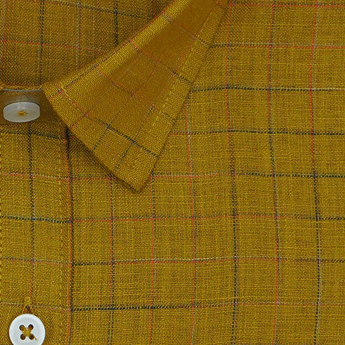 Men's Cotton Linen Graph Checkered Half Sleeves Shirt (Mustard)