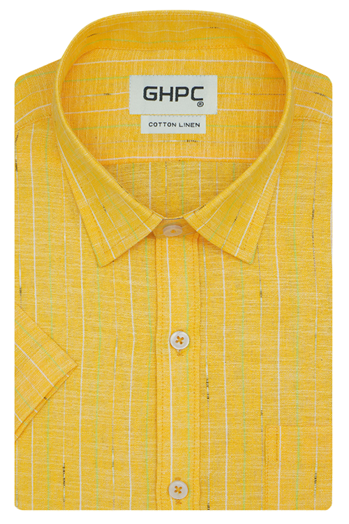 Men's Cotton Linen Balance Striped Half Sleeves Shirt (Yellow)