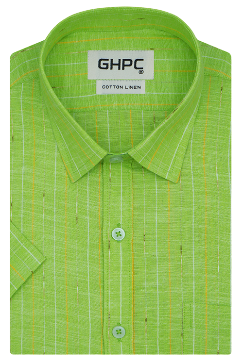 Men's Cotton Linen Balance Striped Half Sleeves Shirt (Green)