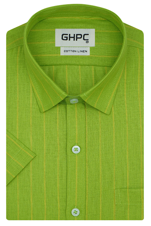 Men's Cotton Linen Chalk Striped Half Sleeves Shirt (Green)