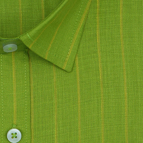 Men's Cotton Linen Chalk Striped Half Sleeves Shirt (Green)