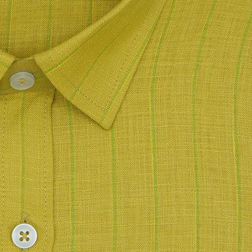 Men's Cotton Linen Chalk Striped Half Sleeves Shirt (Mustard)